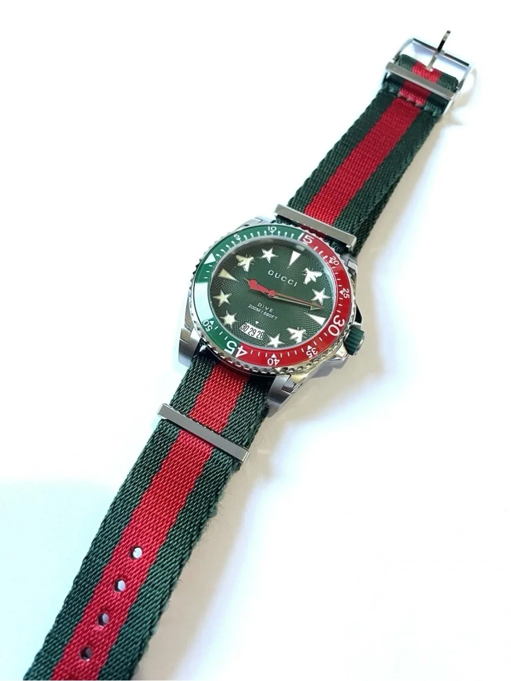 Gucci Green and Red Striped Fabric Dive Watch